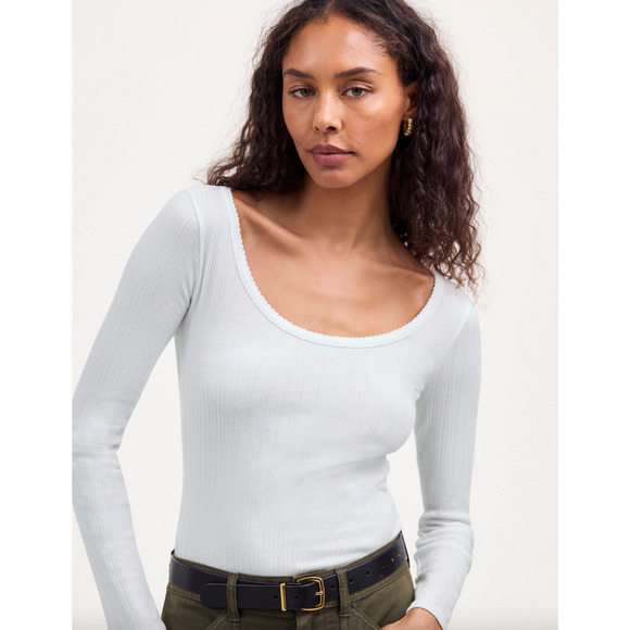 Madewell Pointelle Long Sleeve Scoopneck Tee Top White Stretch Knit Basics M NWT - Picture 2 of 13